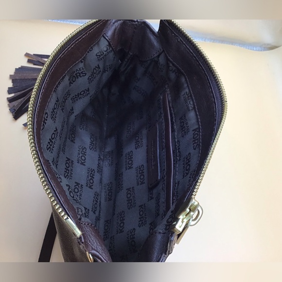 MICHAEL KORS DARK EXPRESSO BROWN  SOFT LEATHER CLUTCH WITH 2 TASSEL WEAVE BOTTOM - Picture 11 of 14